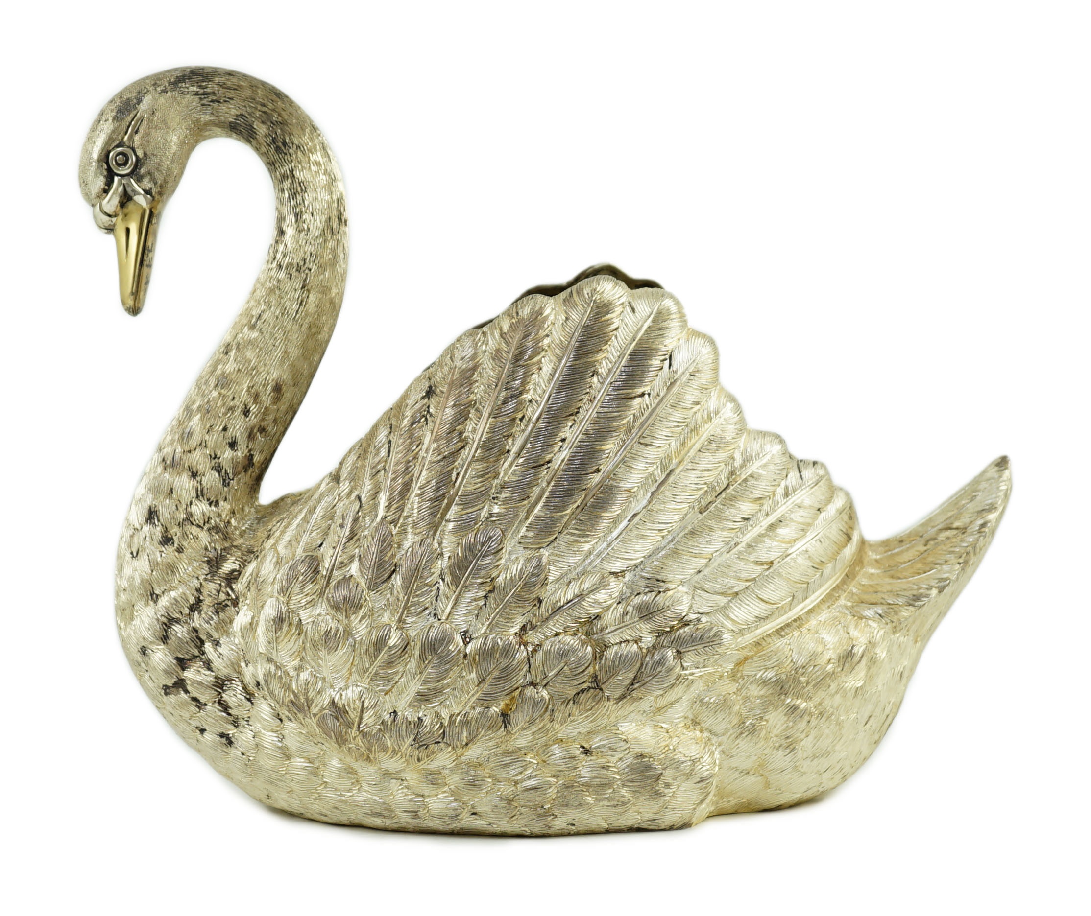 A large 1980's textured parcel gilt silver centrepiece, modelled as a swan, by Mappin & Webb